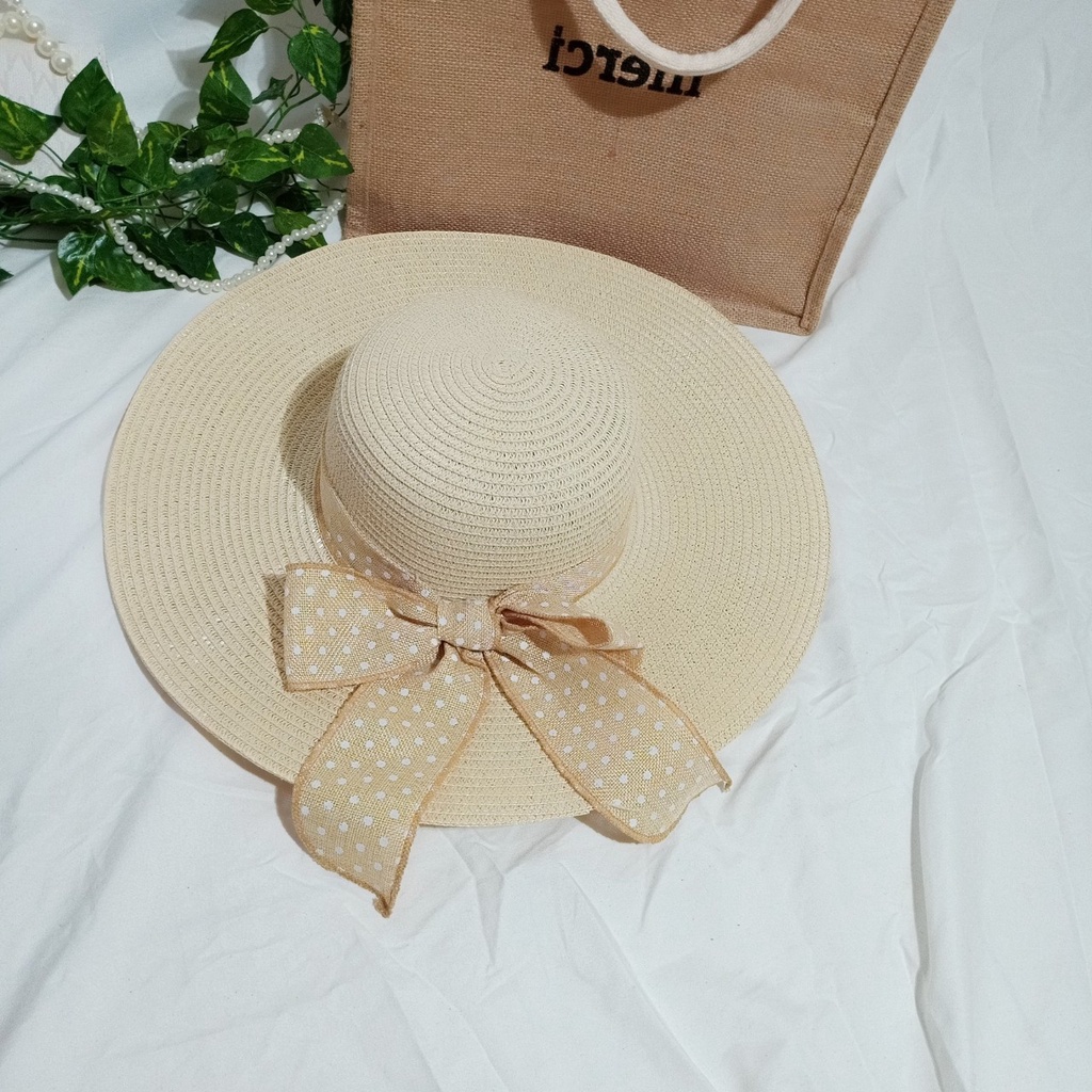 Nón cói/mũ cói nữ đi biển vành rộng phối nơ chấm bi sang chảnh hình chụp thật-vành rộng chấm bi