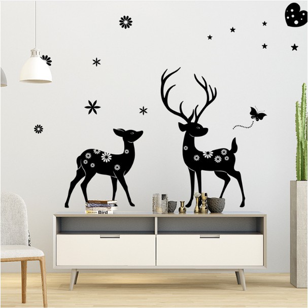 Decal trang trí tường - Cặp Nai Đen Nhí hoa văn xinh xinh