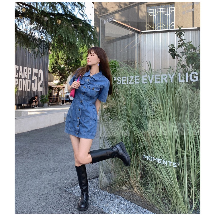 Đầm Denim Tay Ngắn Dáng Ôm Phong Cách Thời Trang Retro 49472