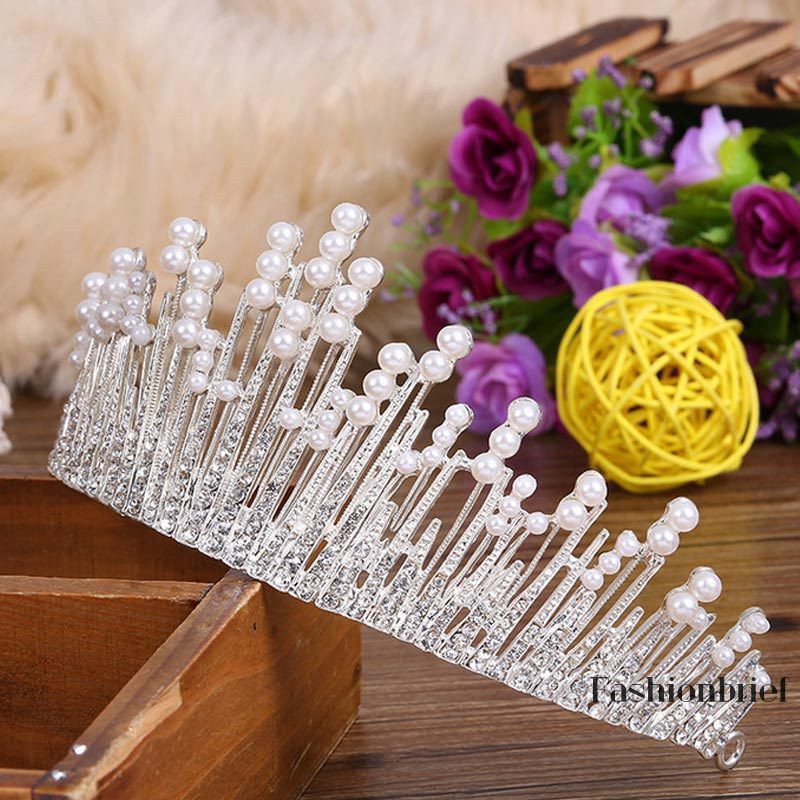 Vương miện cô dâu đính ngọc trai pha lê nhiều màu vintage