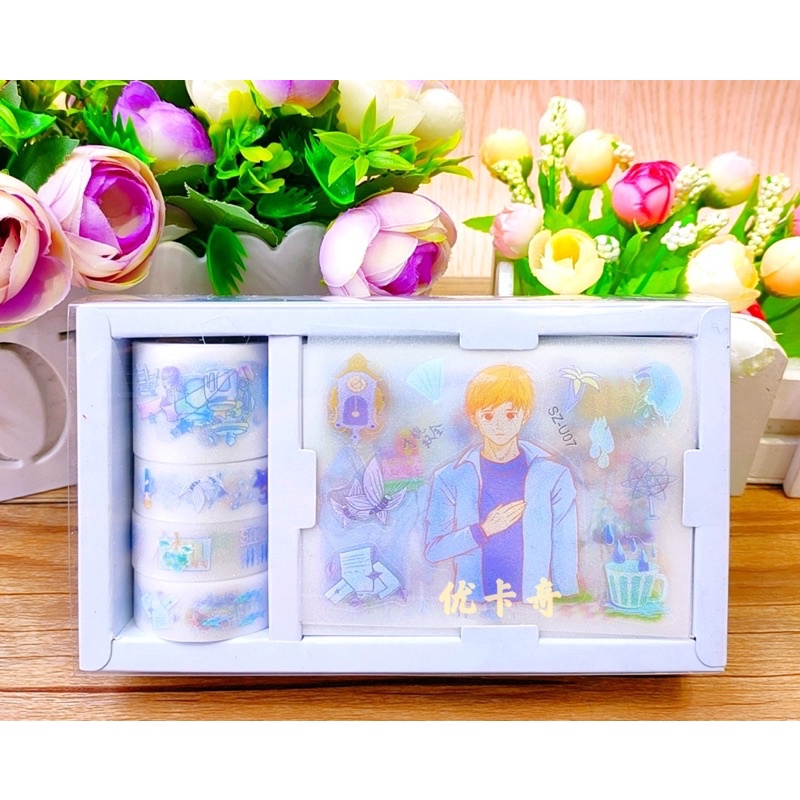 Set 3 cuộn băng keo hình trang trí kèm 8 miếng sticker trang trí sổ nhật ký, Washi Tape (Giao mẫu ngẫu nhiên)