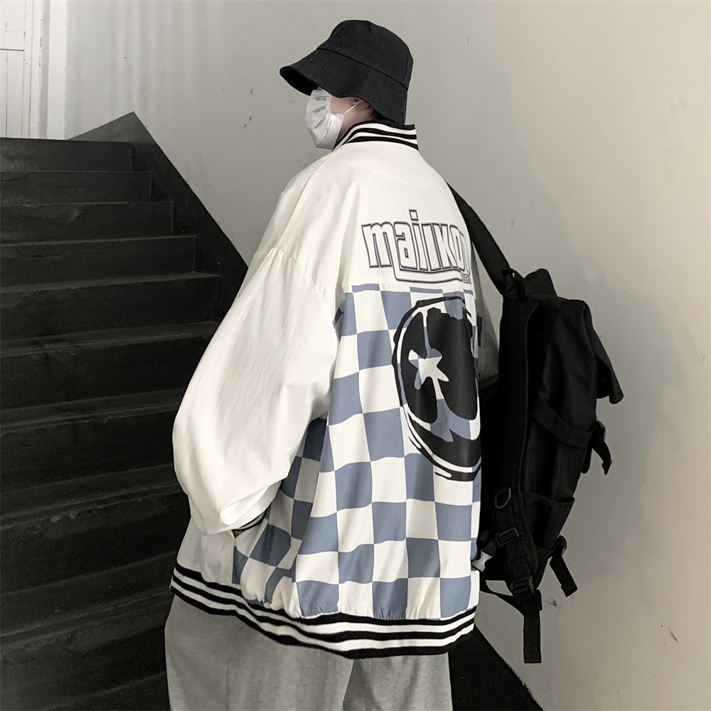 Áo Khoác Bóng Chày Unisex Dáng Rộng Họa Tiết Sọc Caro Phong Cách Hip Hop Thời Trang Cho Các Cặp Đôi