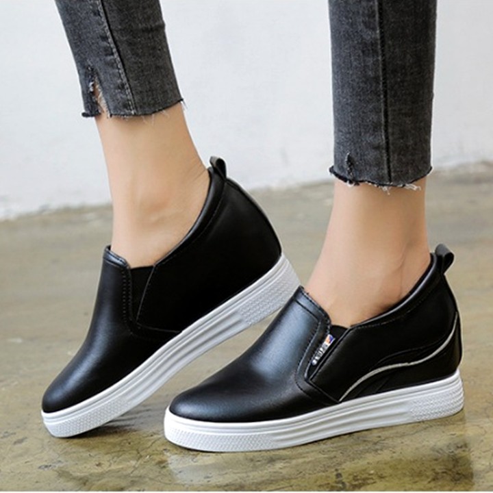 Giày sneaker nữ thể thao da PU thêu viền form nhỏ hơn 1 size C08 độn đế có video