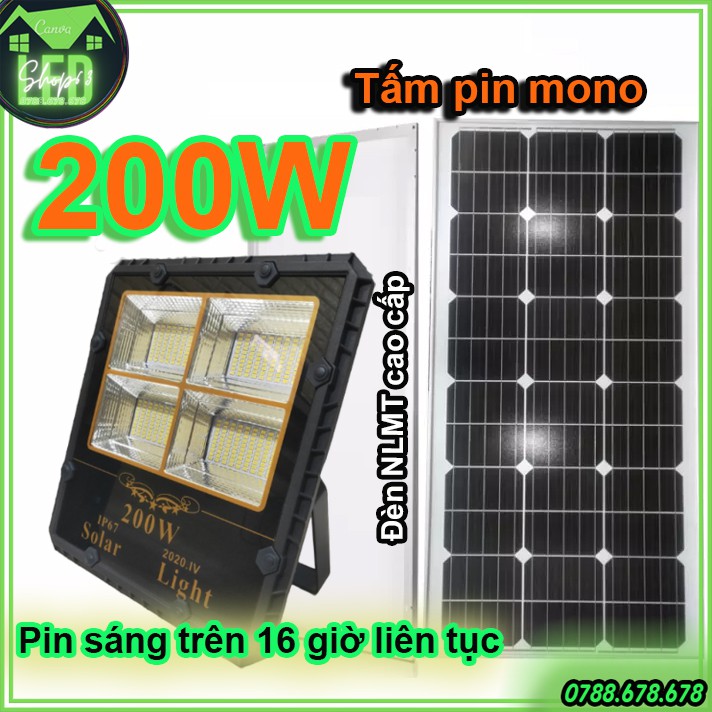 Đèn pha năng lượng mặt trời 200W hàng cao cấp - sáng trên 16h (Tấm pin NLMT mono hiệu suất cao - cell pin 32650 chuẩn)