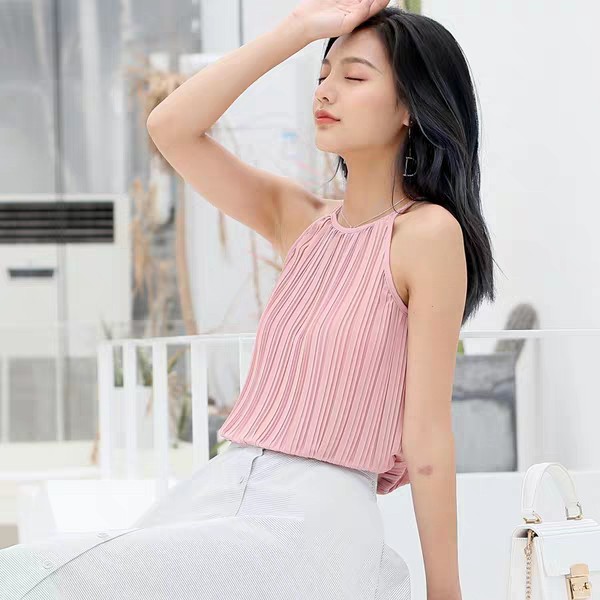 Women Chic Fashion Halter Sling Tops Wrinkle Tank Tops Cami