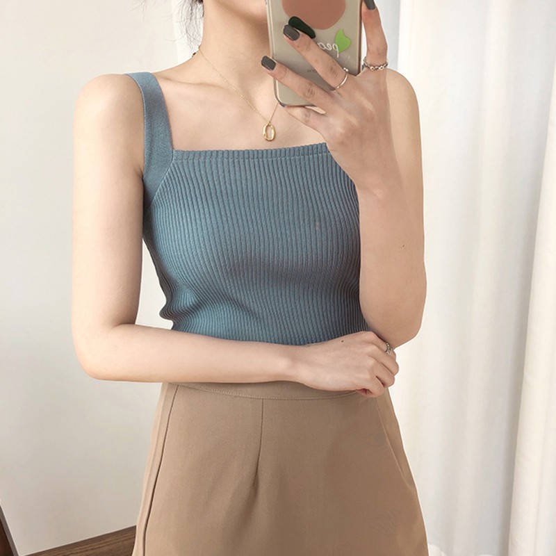 Áo Dệt Kim Nữ Sát Nách Cổ Vuông Màu Trơn Gợi Cảm