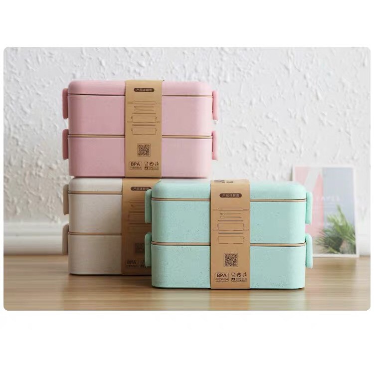 _Hộp Cơm Lúa Mạch 2 Tầng 3 Màu Pastel Xinh Xắn 800ML