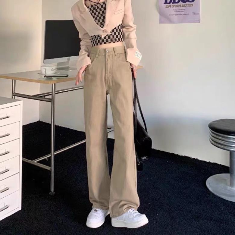 Quần jeans ống suông nâu sữa cạp cao siêu hack chân siêu tôn dáng | BigBuy360 - bigbuy360.vn