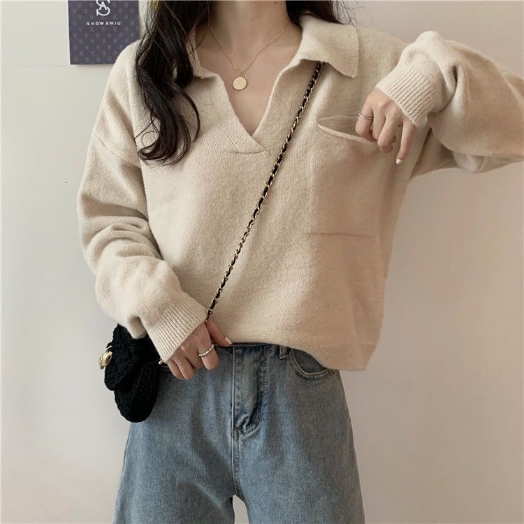 Áo RENJIANVSHENG tay dài dáng rộng màu trơn phong cách Hàn Quốc thời trang cho nữ