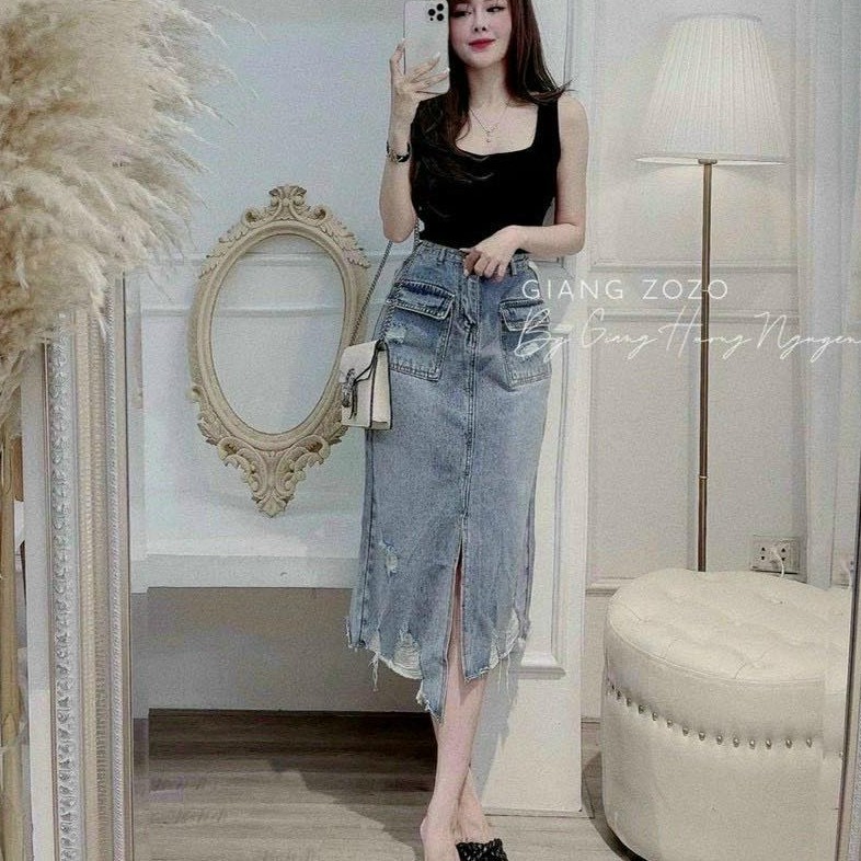 Chân váy bò jeans dáng dài 2 túi hộp xẻ trước sang chảnh