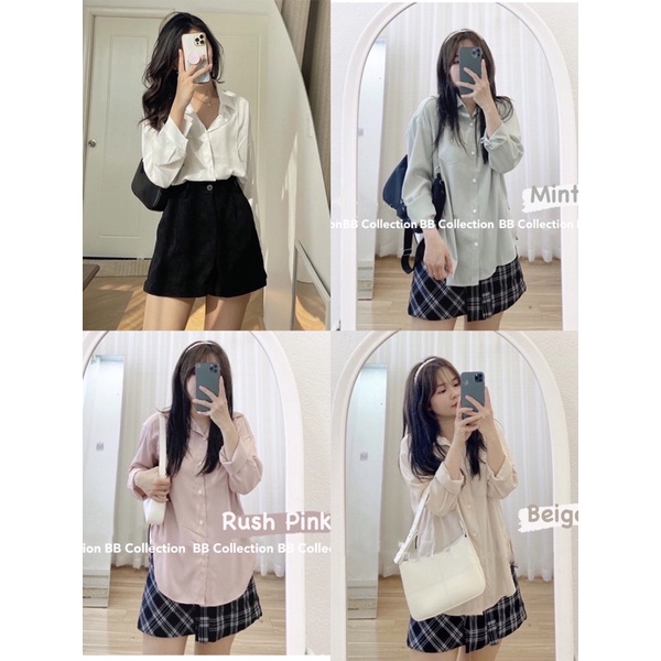 Áo sơmi nữ form rộng dài tay Ulzzang chất lụa Hàn có 4 màu