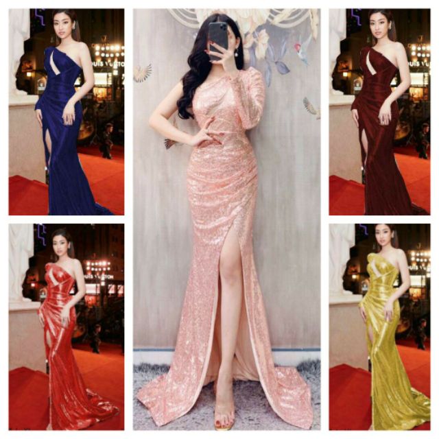 Đầm dạ hội kim sa lệch vai cao cấp