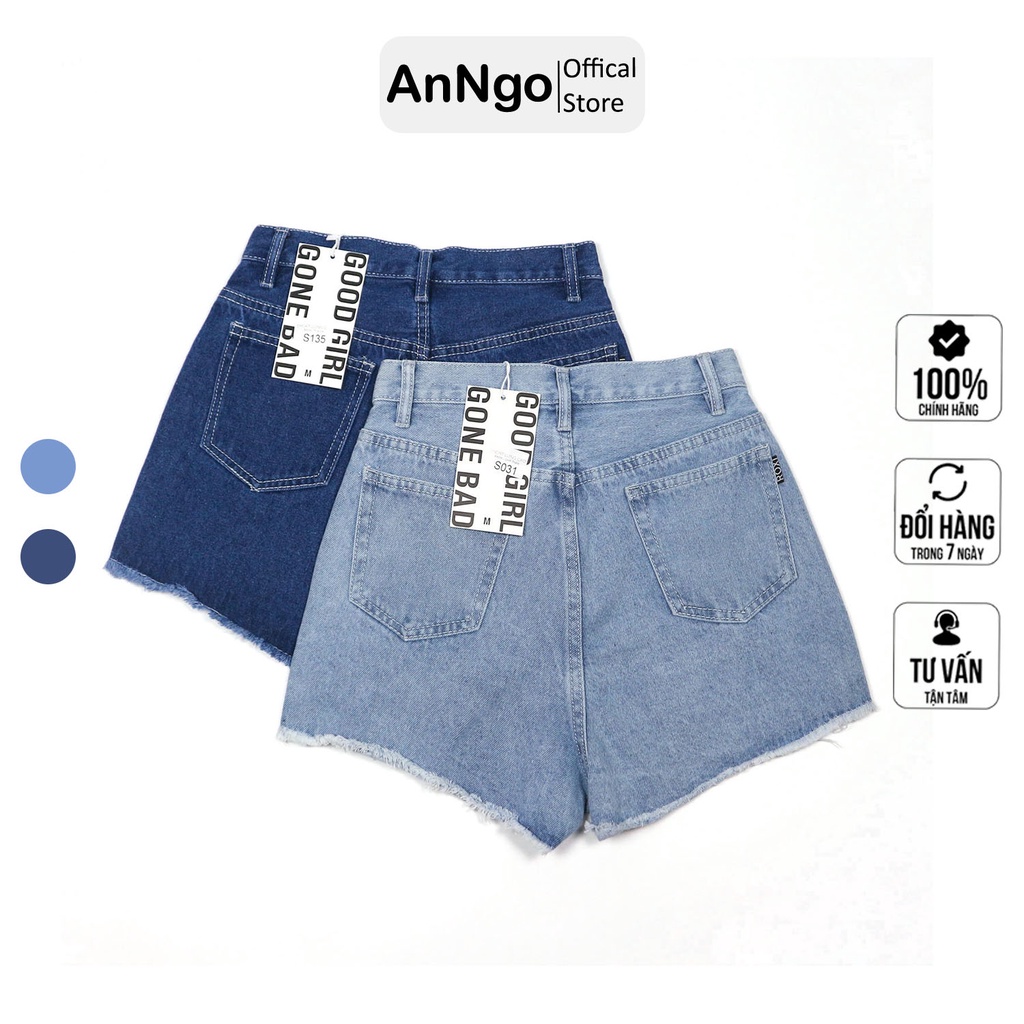 Quần short jean nữ lưng cao phối rách denim cotton, rin ngắn phối rách ANNGO - AT86 A