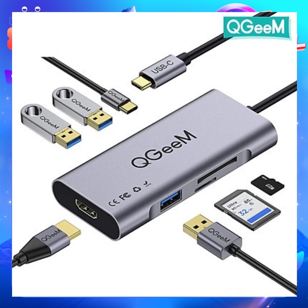 Bộ thiết bị Hub chia chuyển đổi USB Type-C QGeeM 4K 7 trong 1 sang HDMI USB Type C sạc nhanh PD 100w khe đọc thẻ SD TF