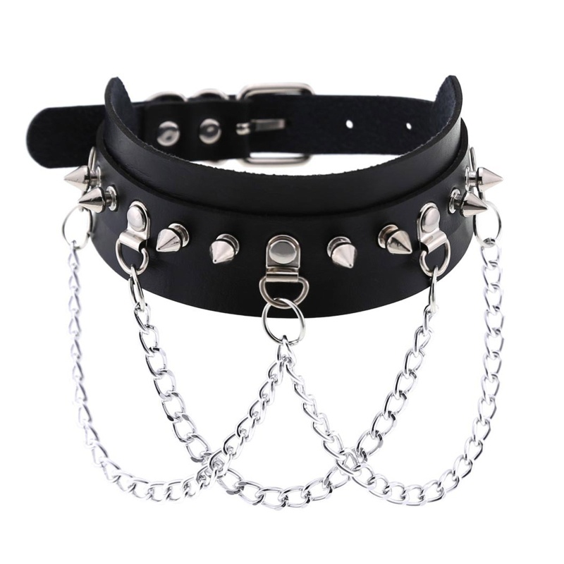 Vòng cổ choker đính đinh tán phối chuỗi dây xích phong cách punk gothic thời trang cho nam và nữ