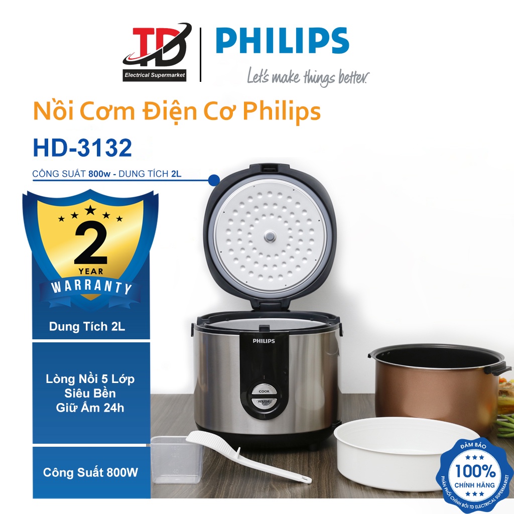 Nồi Cơm Điện Cơ Philips HD3132 - Lòng Nồi 5 Lớp - Công Suất 800W / 2Lit - Bảo Hành Chính Hãng 2 Năm