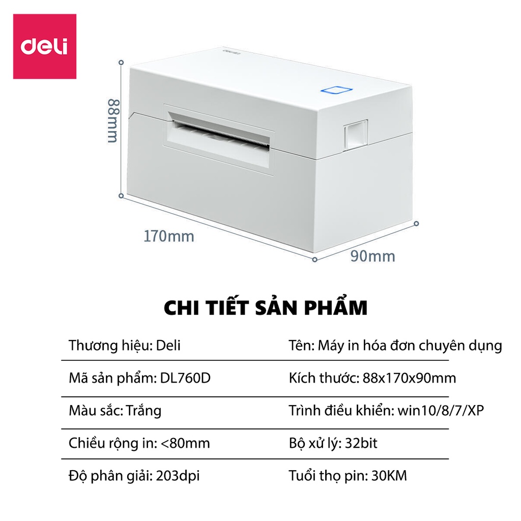 Máy In Nhiệt Deli In Đơn Hàng, Hóa Đơn, Tem Mã Vạch, Logo Tự Dán - Kết Nối USB, Tốc Độ In 1 Đơn/s  - DL-760D