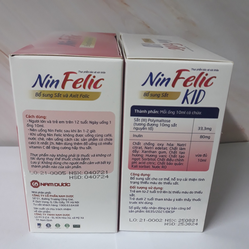 NIN FELIC Hộp 20 ống 10ml Sắt ống NinFelic dành cho người thiếu sắt, mệt mỏi, thiếu máu