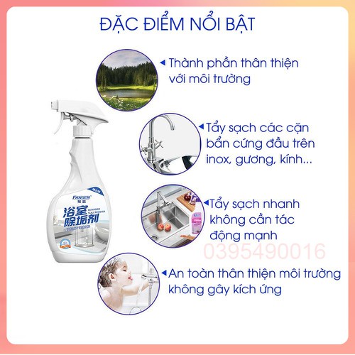 Chai Xịt Đa Năng Fansen 500ml Tẩy Canxi Vôi Rửa Vết Ố Vòi Sen, Nhà Bếp Nhà Tắm, Tẩy Được Vết Ố Màu Trên Gạch Hoa