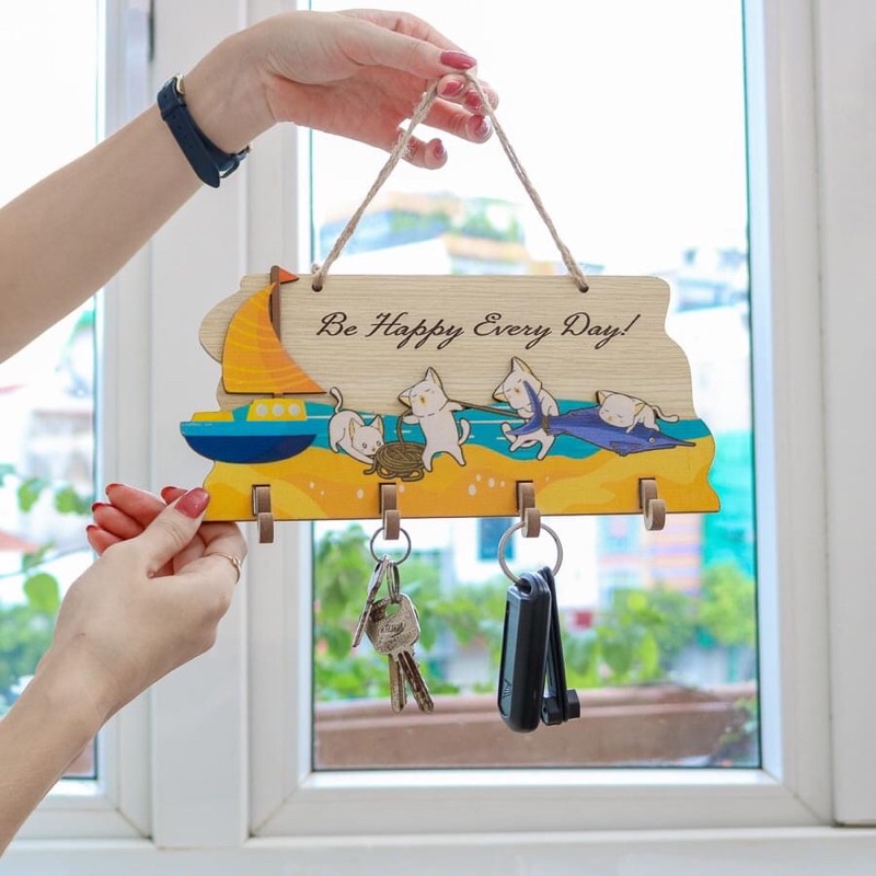 Bảng gỗ treo móc khóa trang trí gia đình nhà cửa kèm móc câu ý nghĩa và làm quà tặng