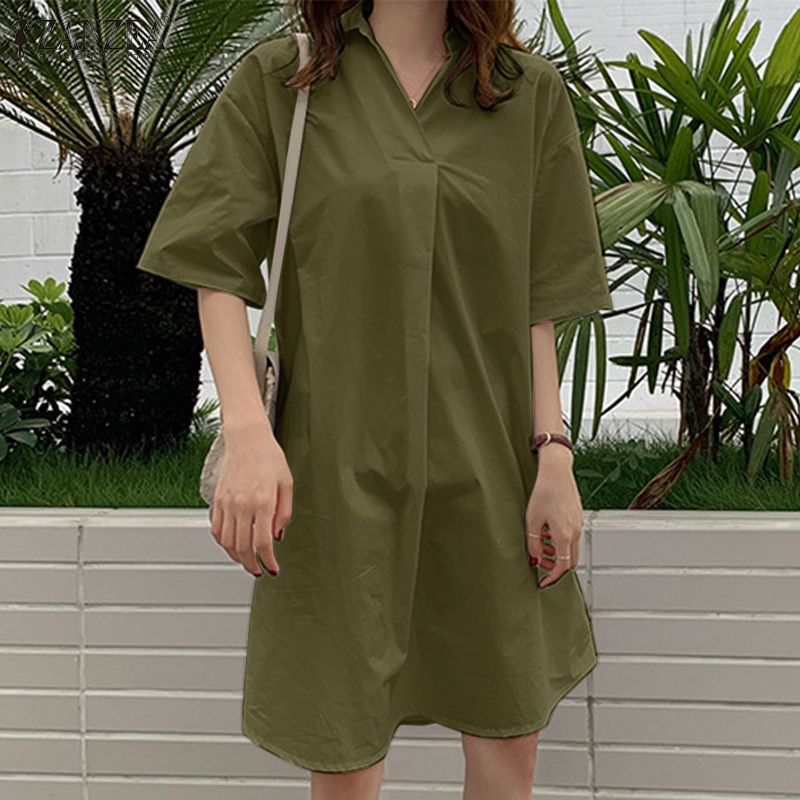 Đầm ZANZEA cho nữ dài tay cổ bẻ dáng dài rộng thời trang Hàn Quốc