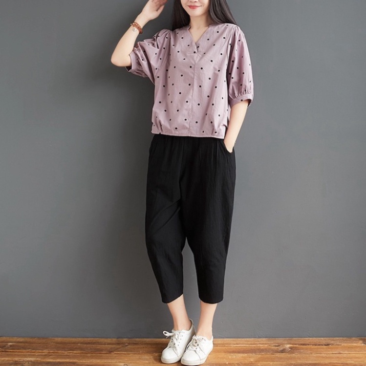 Đồ bộ nữ chất đũi chấm bi cực xinh, Tay lỡ quần lửng thời trang