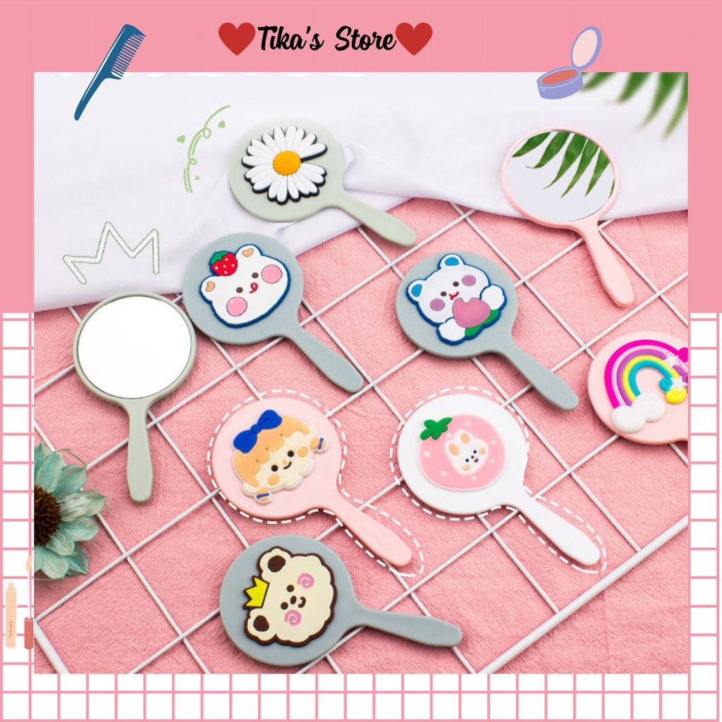 Gương mini cầm tay nhiều hoạ tiết cute - Tika Store - Gương trang điểm có túi zip nhỏ gọn tiện dụng