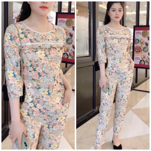 Đồ bộ mặc nhà hoạ tiết hoa cúc vàng tay lỡ