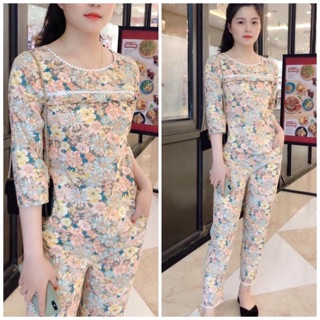 Đồ bộ mặc nhà hoạ tiết hoa cúc vàng tay lỡ