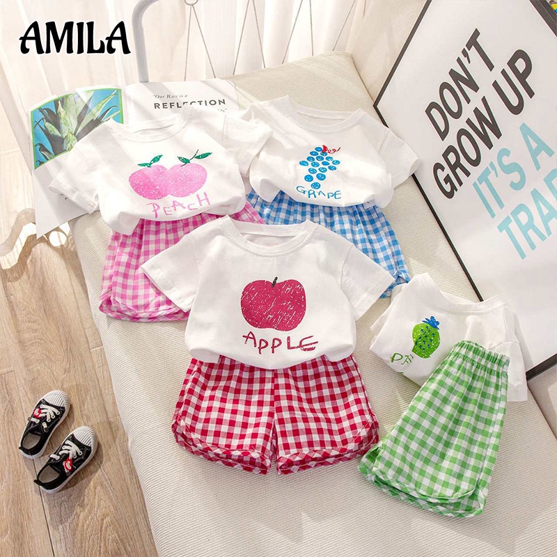 Set quần áo  amila gồm áo thun ngắn tay in hình trái cây + quần short kẻ sọc caro dễ thương cho bé gái