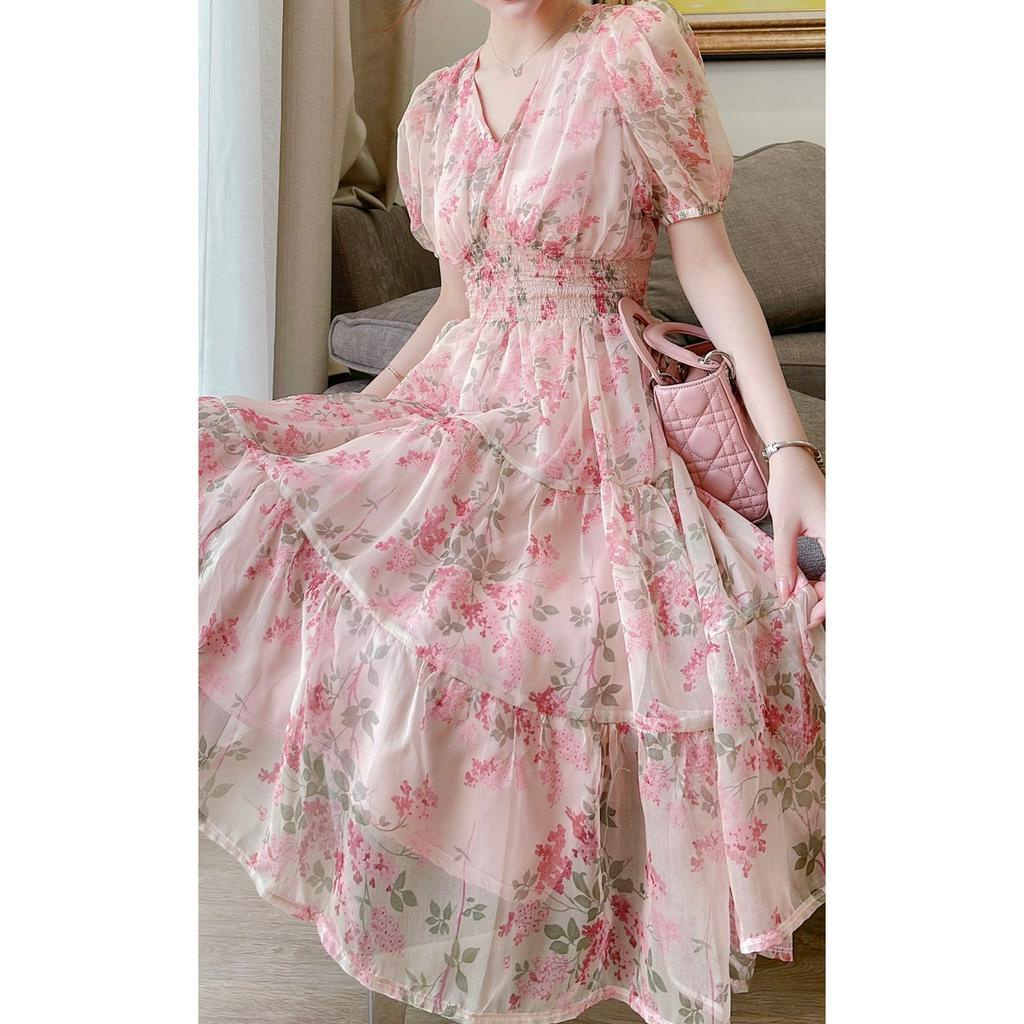 Váy hoa hồng nâu eo chun