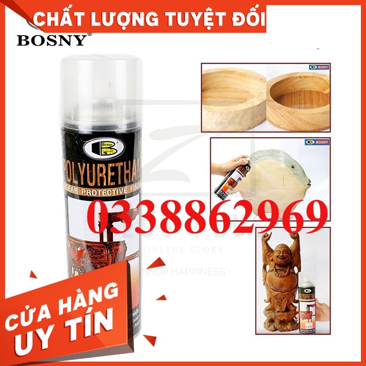 Sơn gỗ màu tự nhiên, Sơn xịt bóng gỗ Pu Polyurethane cao cấp Bosny dung tích 600ml chai lớn