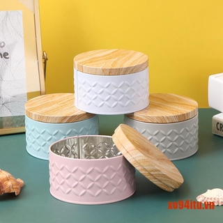 Hộp Sắt Rỗng Hình Tròn Có Nắp Gỗ Dùng Đựng Nến Diy