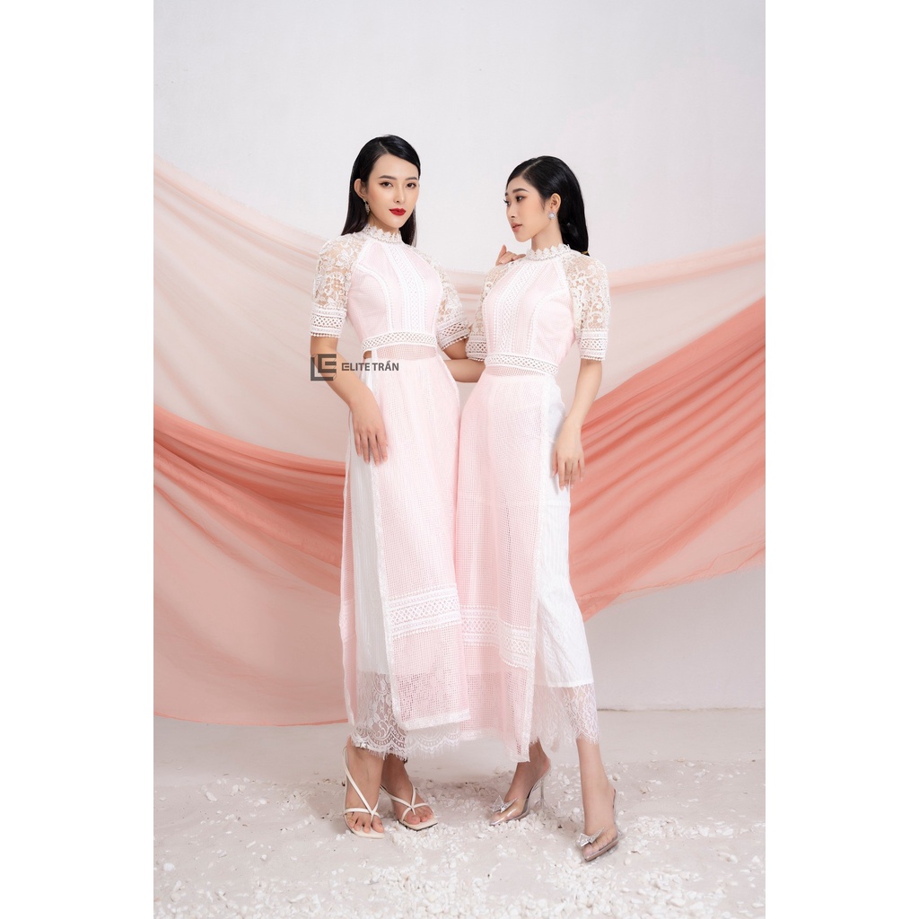 Áo dài ren organza hồng phối tay ren hoa ELITE TRẦN by LINHELITE