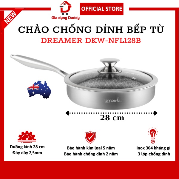 Chảo chống dính bếp từ vân tổ ong kép có nắp Dreamer DKW-NFL128B, Đường kính 28cm Inox 304 Đáy liền 3 lớp Bảo hành 5 năm