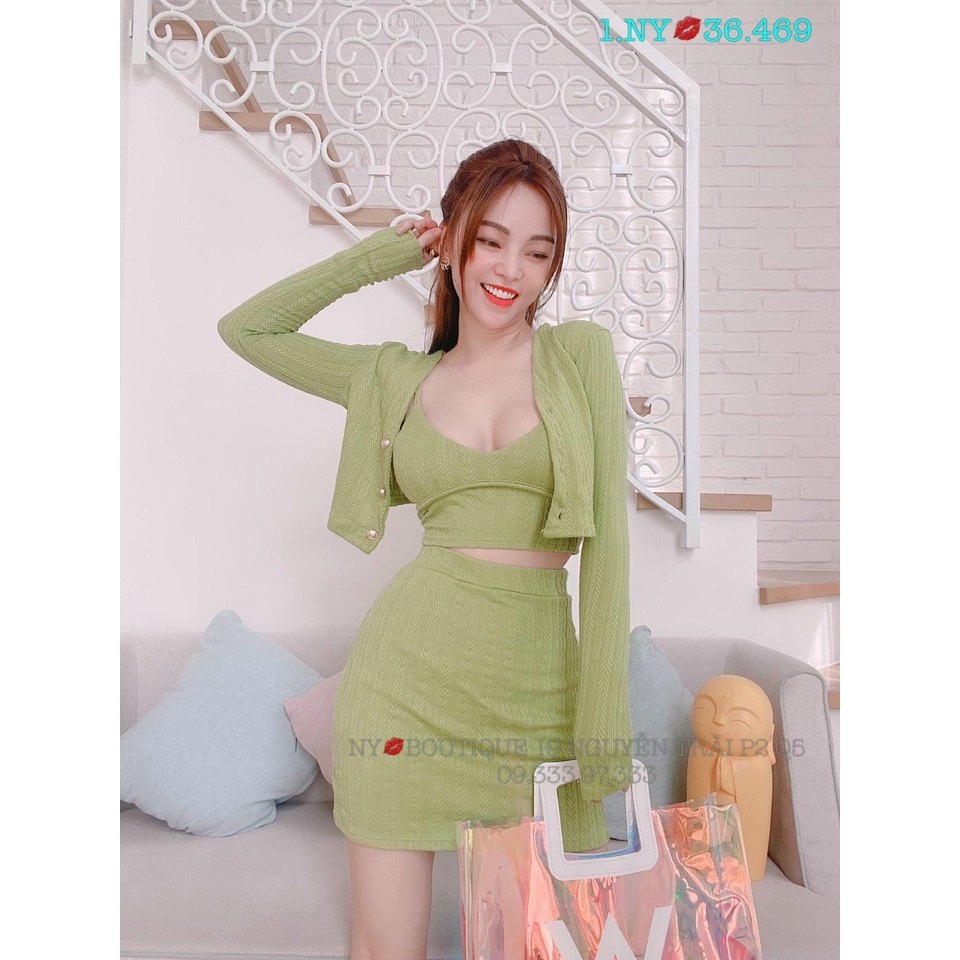 Sét 3 món áo 2 dây croptop bản eo phối chân váy body ngắn kèm áo khoác cài nút cực hot  , chất thun gân dày dặn mk