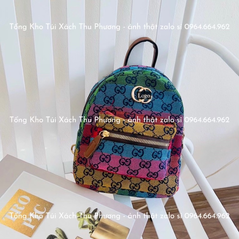 Balo mini nữ, balo phối nhiều màu hoạ tiết chữ g.g siêu xinh size 19 (ảnh thật shop chụp)