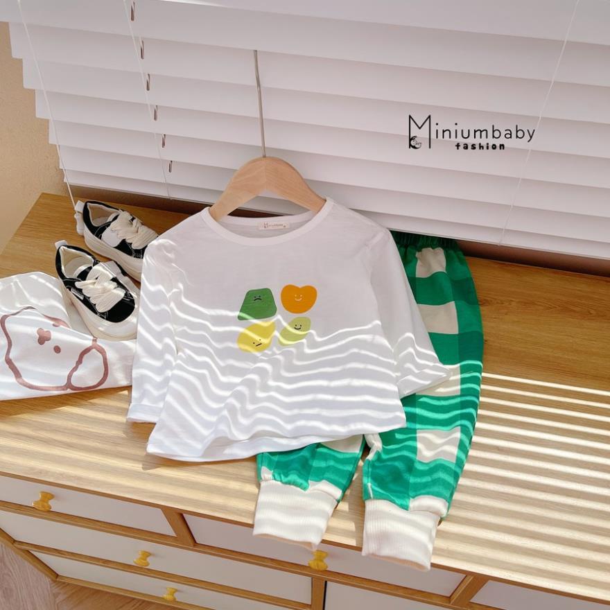 Bộ đồ áo dài tay MiniumBaby cotton sược quần dài cotton da cá thu đông in củ quả cho bé gái/ trai -SB1306