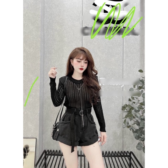 Xả hàng - Áo len mỏng lưới sợi kèm dây xích, Áo kiểu len dài tay kẻ ngang AL8821 - NhiNhi Shop