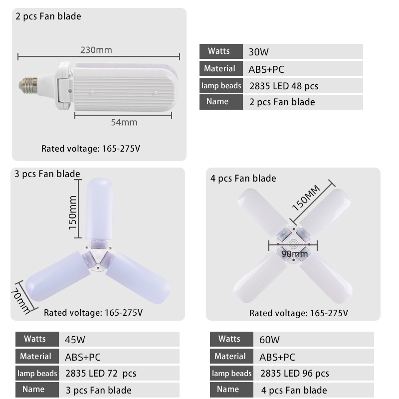 Bóng Đèn LED E27 30W / 45W / 60W Hình Quạt Có Thể Gập Lại