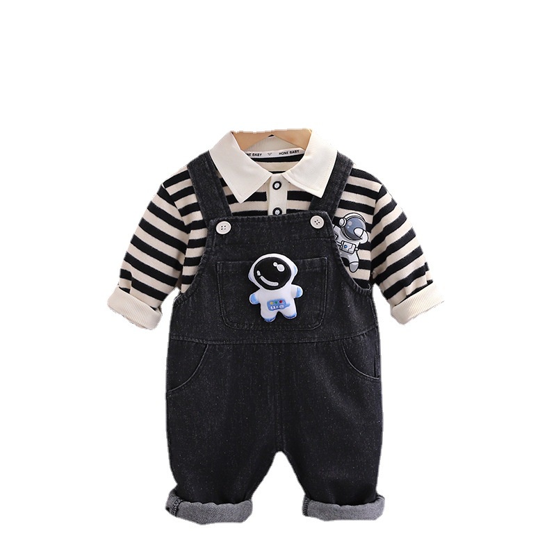 Bộ Đồ Denim 2 Món Áo Thun Tay Dài In Hoạt Hình Phi Hành Gia Phối Quần Yếm Thời Trang Cho Bé Trai