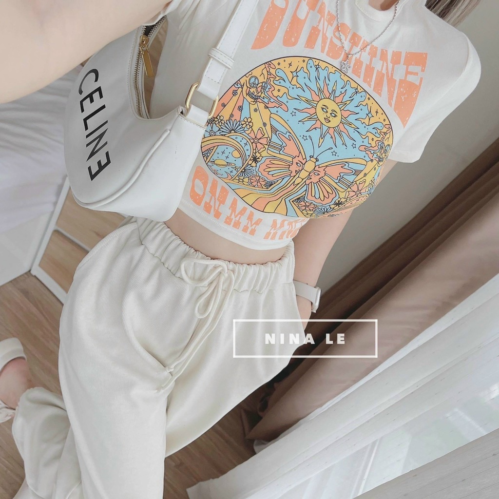 [Sale 50% free ship] Set bộ đi chơi với quần legging cá tính kèm áo croptop kiểu nữ in hình siêu dễ thương