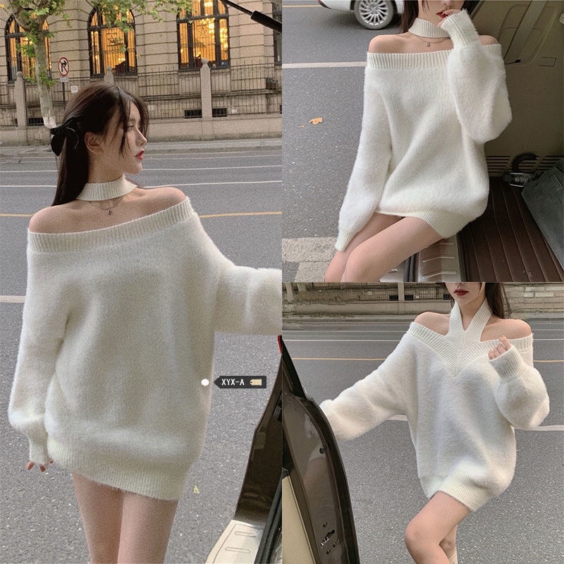 Áo len lông thỏ trễ vai may liền chocker mặc được 2 kiểu dáng