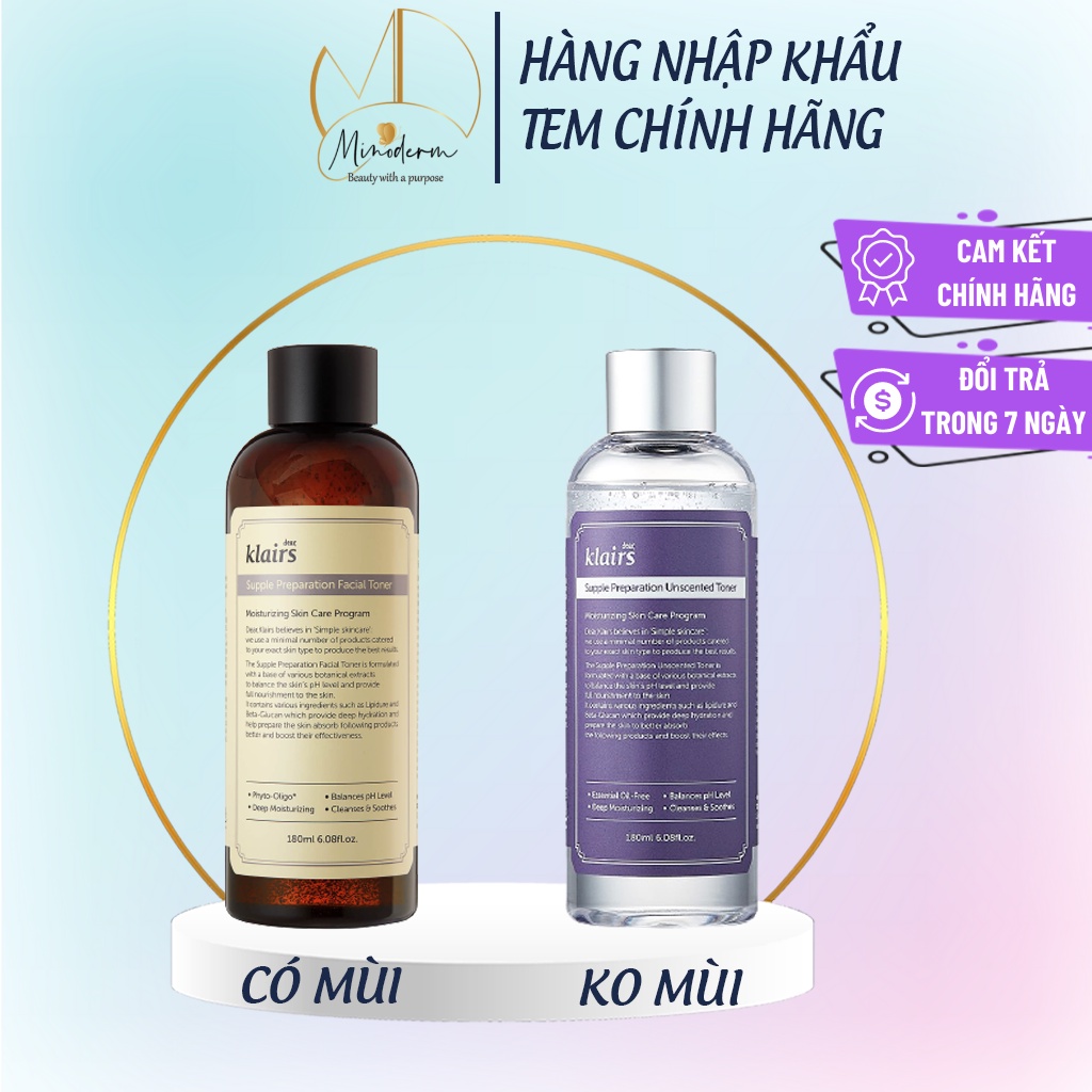 Nước hoa hồng Klairs Supple Preparation Toner Dưỡng Ẩm Da Và Làm Mềm Da không mùi, có mùi 180ml