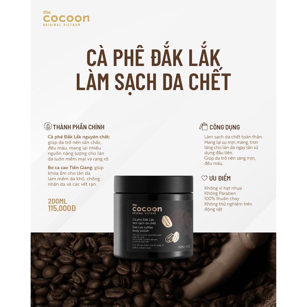 [Nhập Mã COSCON4 giảm 8%] Tẩy da chết cơ thể cà phê Đắk Lắk Cocoon cho làn da mềm mại và rạng rỡ 200ml | BigBuy360 - bigbuy360.vn