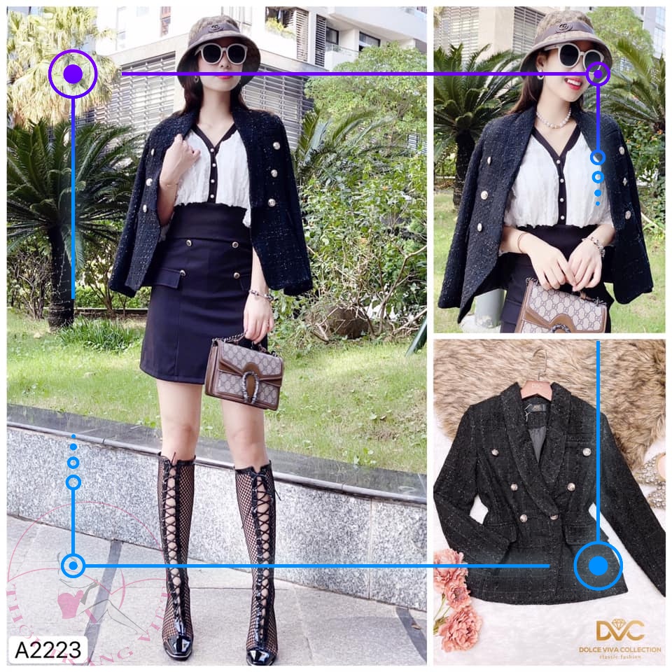 Áo dạ tweed màu đen cổ vest A2223