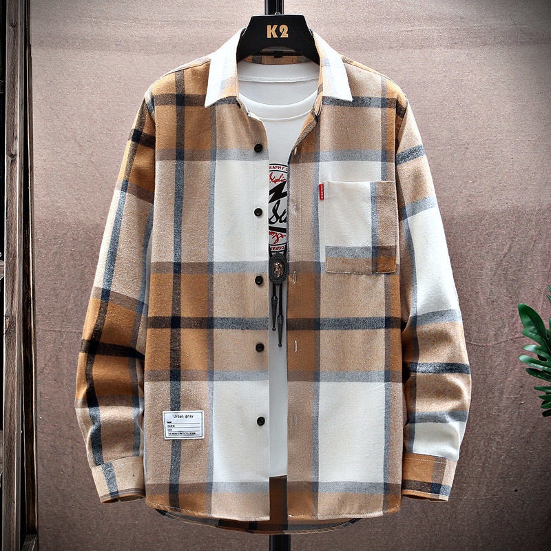 Áo Sơ Mi Dài Tay Dáng Rộng Hoa Văn Kẻ Ô Phong Cách Hàn Quốc Dành Cho Nam