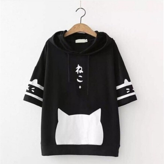 Áo Hoodie Ngắn Tay In Hình Mèo Phong Cách Nhật Hàn Cho Nữ