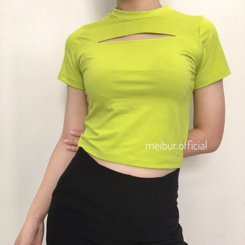Áo thun croptop ôm body tay ngắn cut-out màu dạ quang sexy đi biển du lịch hot trend nữ