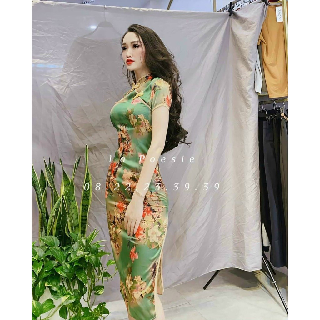 Váy đầm nữ body kiểu sườn xám trung hoa in họa tiết siêu xinh HT3